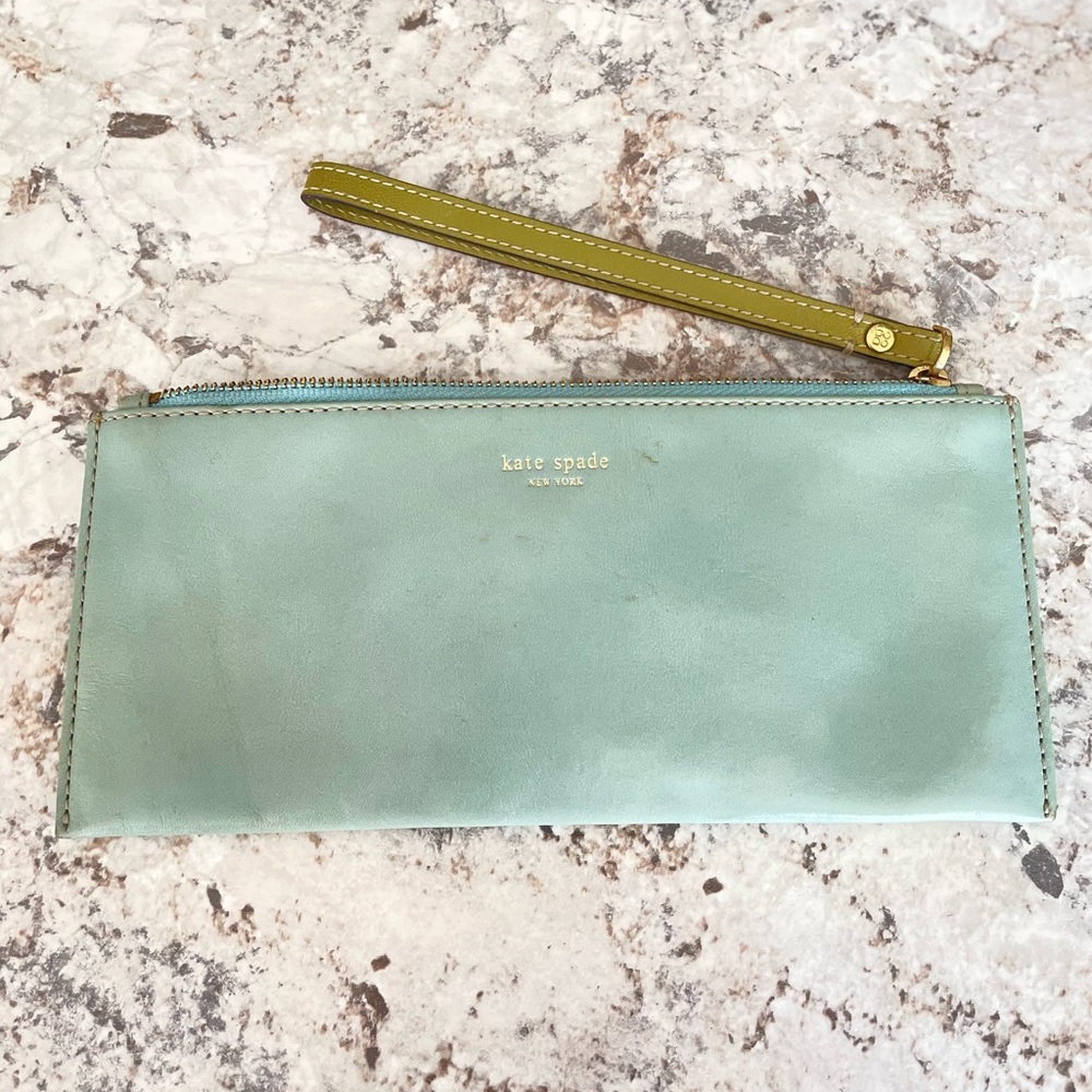 Kate Spade ♠️ Robin Egg Blue Leather w/ Green Strap Wristlet